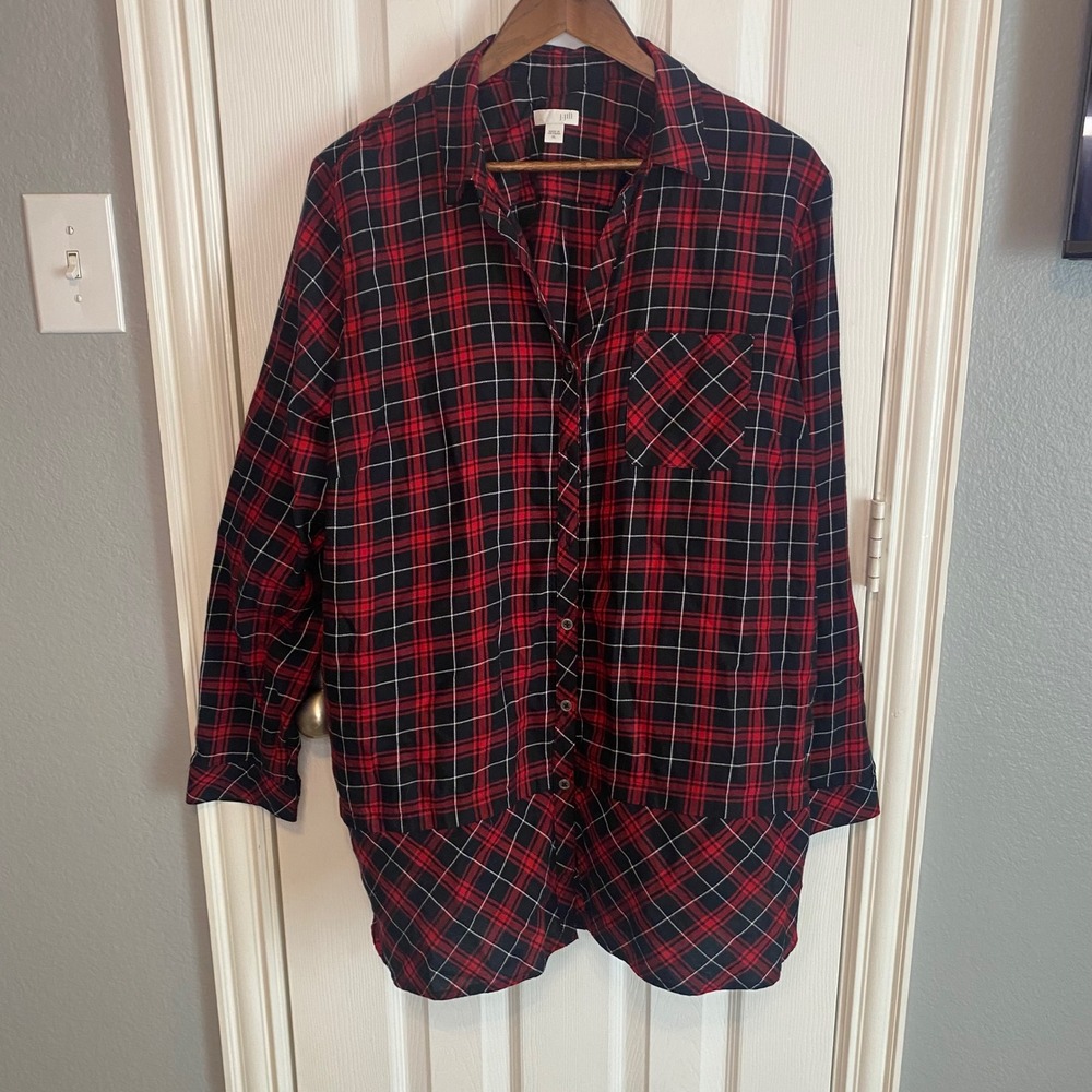 J. Jill Red Black Plaid Cotton Button Down Tunic Shirt Women's XL Buffalo Check